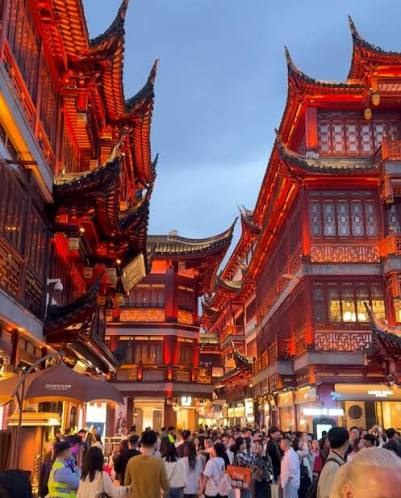 El Barrio Antiguo y el Jardín Yuyuan iluminados de noche